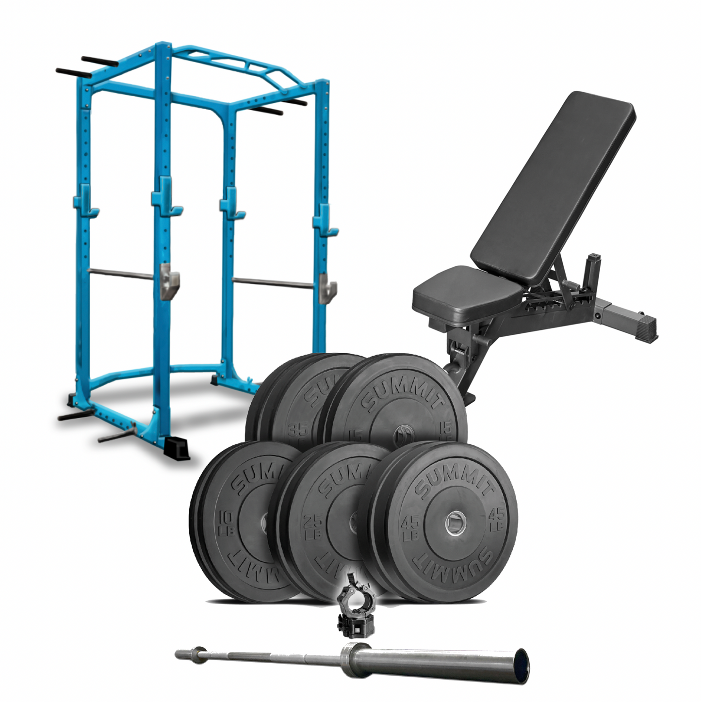 ADVANCED GYM Package 2: 260 lbs of Bumper Plates, 45 lb bar, Yeti Bench, Squat Cage - SummitRubber