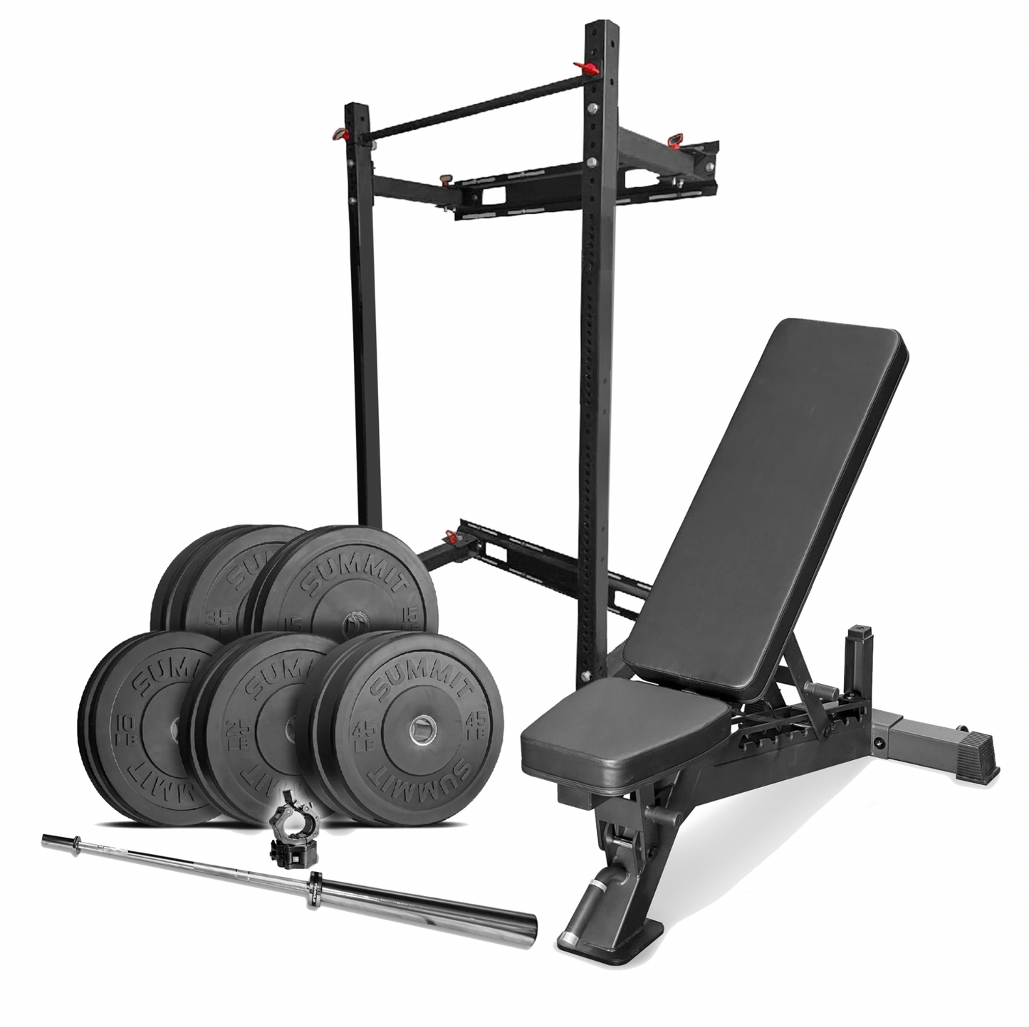 ADVANCED GYM Package: 260 lbs of Echo Plates, 45 lb bar, Yeti Bench, WM SQ Rack - SummitRubber