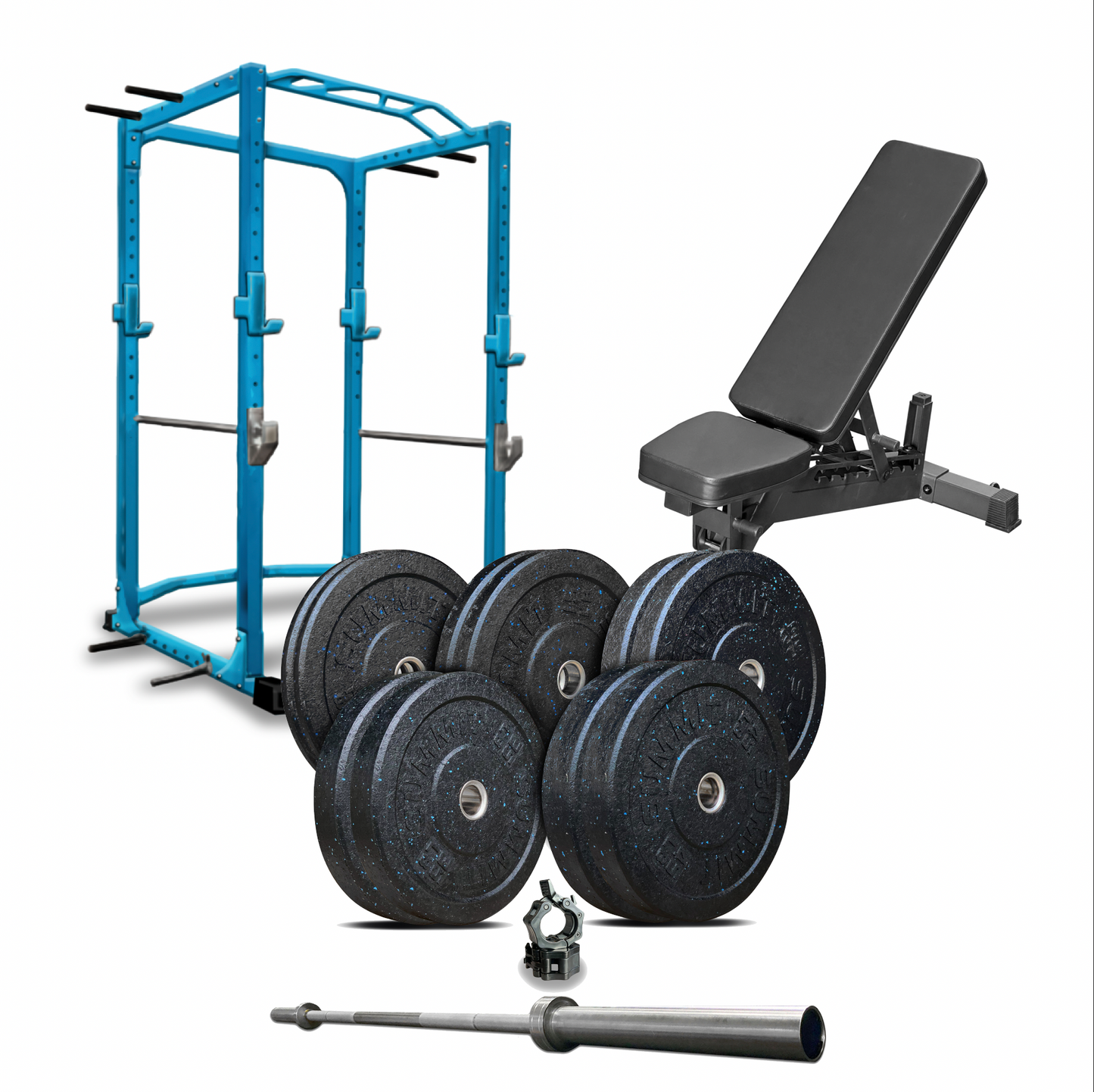ADVANCED GYM Package 2: 260 lbs of Echo Plates, 45 lb bar, Yeti Bench, Squat Cage