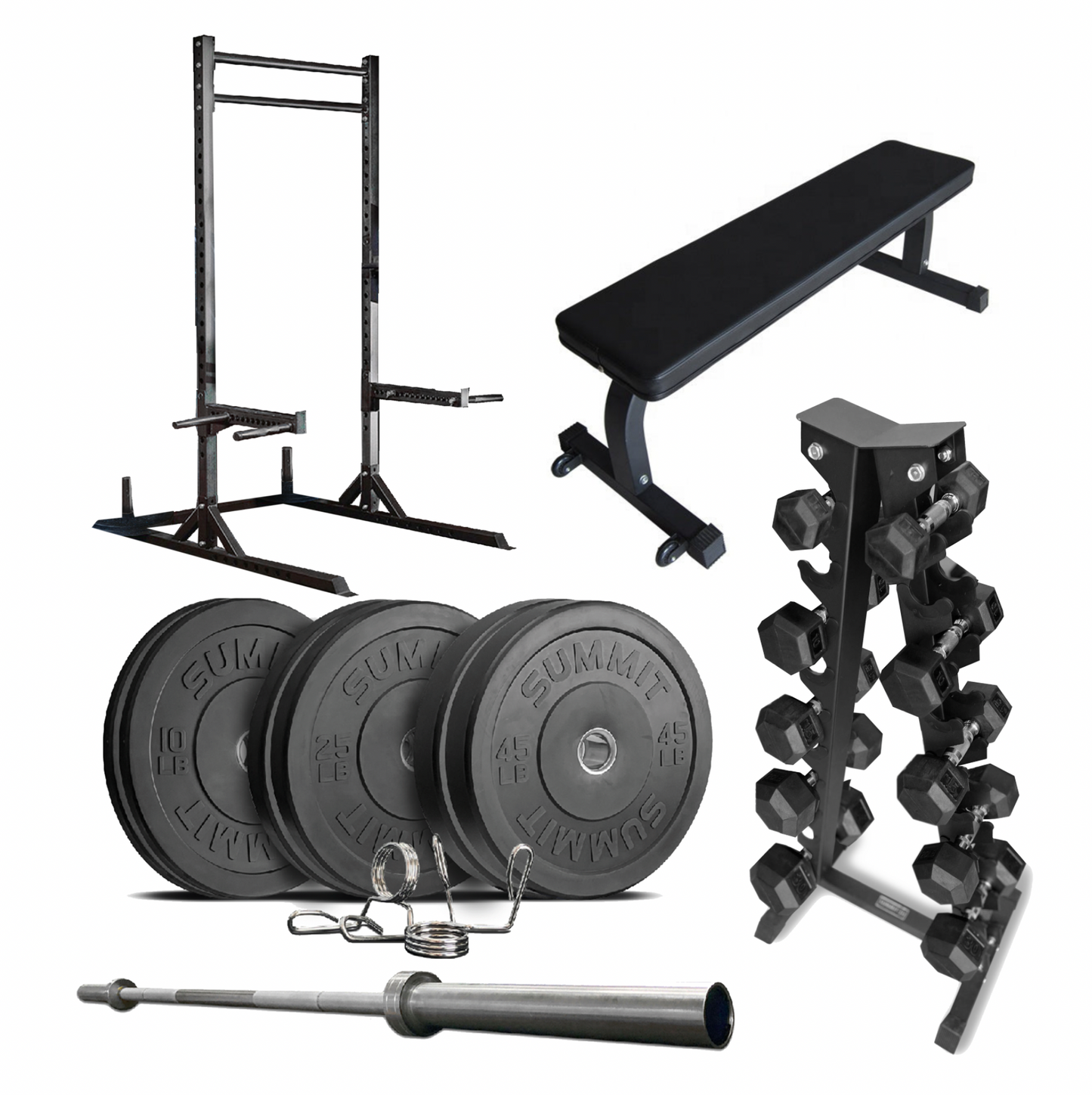 STARTER GYM Package 2: 160 lbs of Echo Plates, 45 lb bar + Clips, Flat Bench, 5-25 Dumbbells + Rack, XFIT SQ Rack