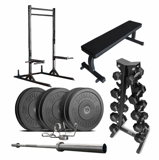 STARTER GYM Package 2: 160 lbs of Echo Plates, 45 lb bar + Clips, Flat Bench, 5-25 Dumbbells + Rack, XFIT SQ Rack