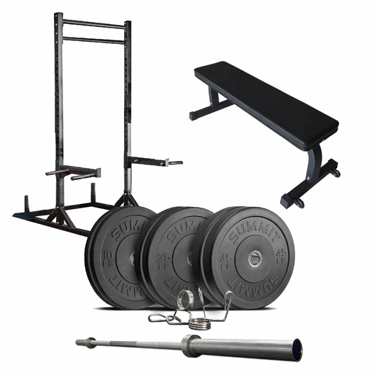 STARTER GYM Package 1: 160 lbs of Echo Plates, 45 lb bar + Clips, Flat Bench, XFIT SQ Rack